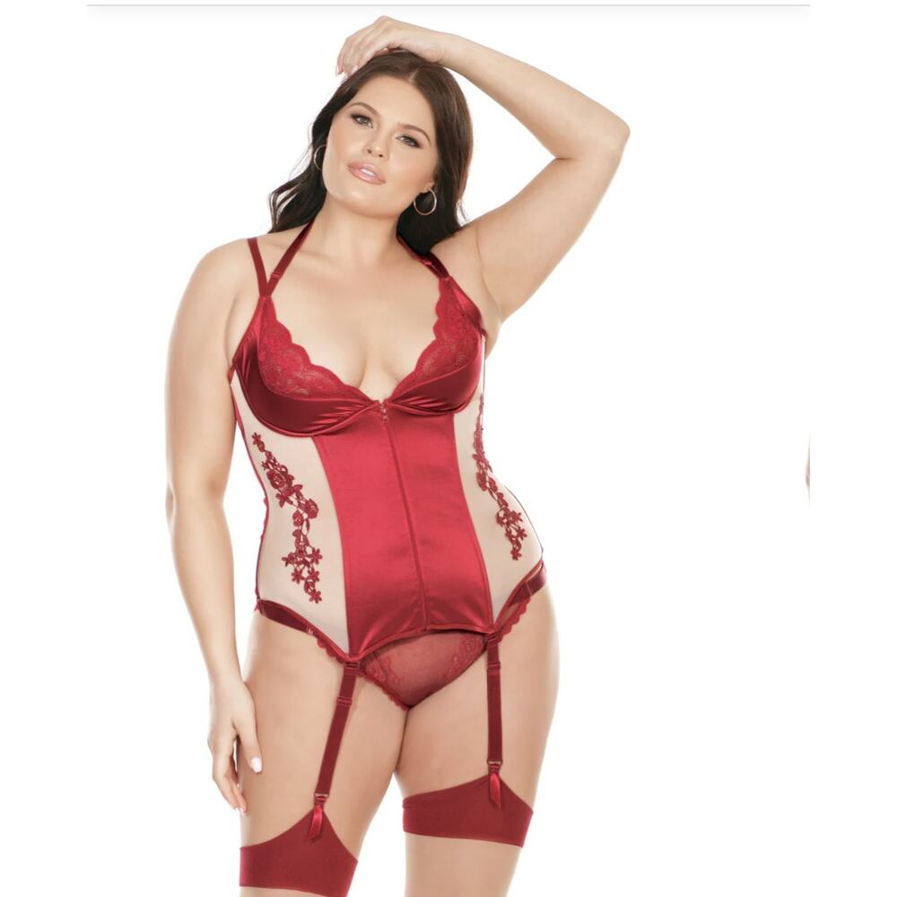 ⭐️Coquette Ravishing Burgundy Satin Mesh Bustier Sz 1X/2X